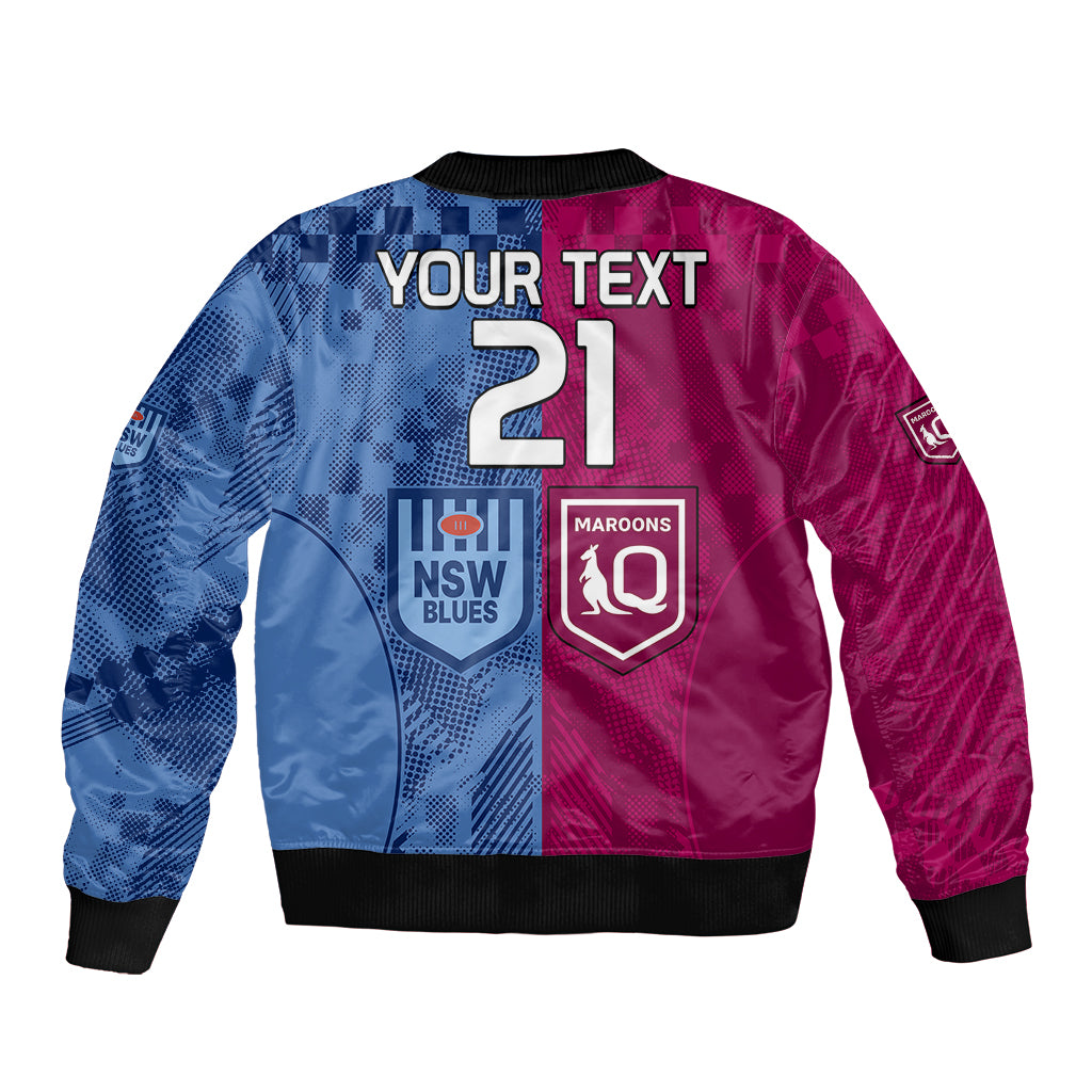 custom-text-and-number-blues-and-maroons-rugby-sleeve-zip-bomber-jacket-state-of-origin-nsw-combine-qld-sporty-style-2023