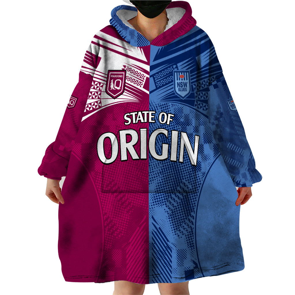 (Custom Text And Number) Blues and Maroons Rugby Wearable Blanket Hoodie State of Origin NSW Combine QLD Sporty Style 2023 LT9