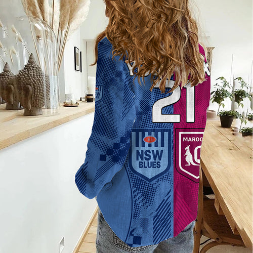 (Custom Text And Number) Blues and Maroons Rugby Women Casual Shirt State of Origin NSW Combine QLD Sporty Style 2023 LT9