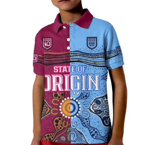 (Custom Text And Number) Blues and Maroons Rugby Kid Polo Shirt State of Origin NSW Combine Queensland Aboriginal 2023 LT9