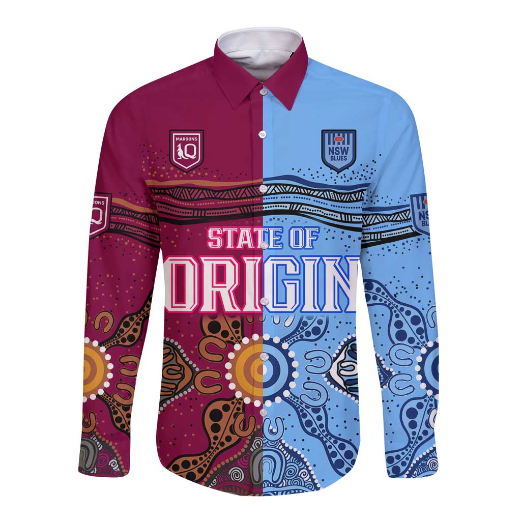 (Custom Text And Number) Blues and Maroons Rugby Long Sleeve Button Shirt State of Origin NSW Combine Queensland Aboriginal 2023 LT9