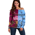 (Custom Text And Number) Blues and Maroons Rugby Off Shoulder Sweater State of Origin NSW Combine Queensland Aboriginal 2023 LT9