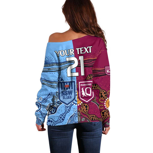 (Custom Text And Number) Blues and Maroons Rugby Off Shoulder Sweater State of Origin NSW Combine Queensland Aboriginal 2023 LT9