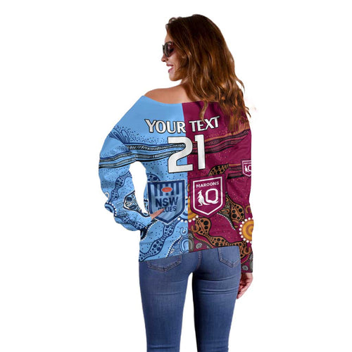 (Custom Text And Number) Blues and Maroons Rugby Off Shoulder Sweater State of Origin NSW Combine Queensland Aboriginal 2023 LT9