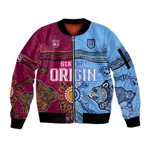 (Custom Text And Number) Blues and Maroons Rugby Sleeve Zip Bomber Jacket State of Origin NSW Combine Queensland Aboriginal 2023 LT9