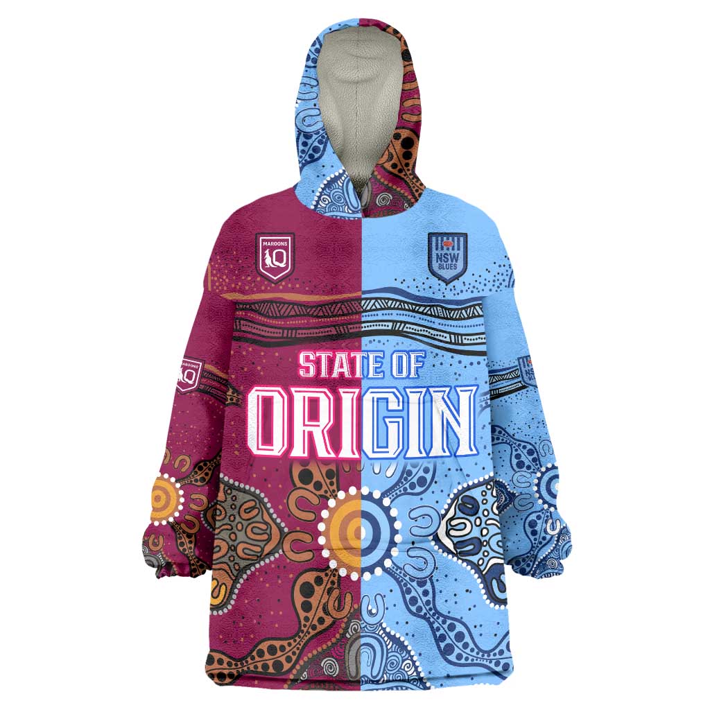 (Custom Text And Number) Blues and Maroons Rugby Wearable Blanket Hoodie State of Origin NSW Combine Queensland Aboriginal 2023 LT9