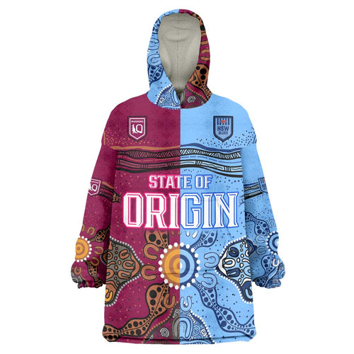 (Custom Text And Number) Blues and Maroons Rugby Wearable Blanket Hoodie State of Origin NSW Combine Queensland Aboriginal 2023 LT9