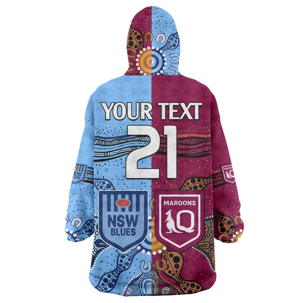 (Custom Text And Number) Blues and Maroons Rugby Wearable Blanket Hoodie State of Origin NSW Combine Queensland Aboriginal 2023 LT9