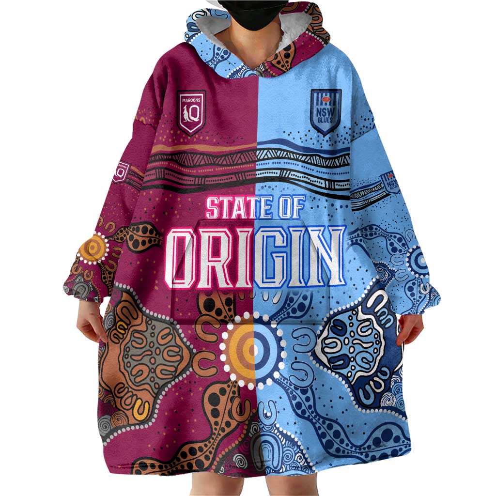 (Custom Text And Number) Blues and Maroons Rugby Wearable Blanket Hoodie State of Origin NSW Combine Queensland Aboriginal 2023 LT9
