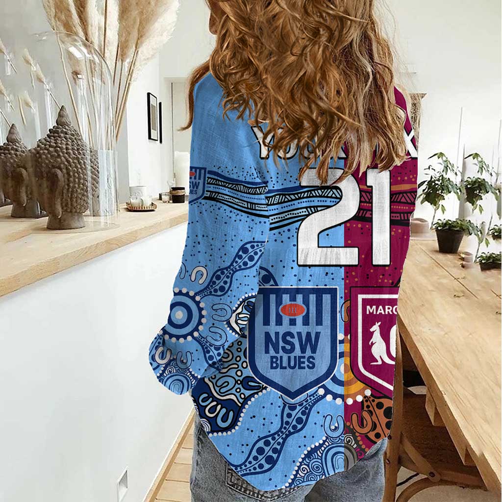 (Custom Text And Number) Blues and Maroons Rugby Women Casual Shirt State of Origin NSW Combine Queensland Aboriginal 2023 LT9
