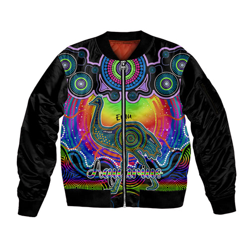 personalised-australia-aquarius-emu-zodiac-sleeve-zip-bomber-jacket-auz-astrology-aboriginal-rainbow
