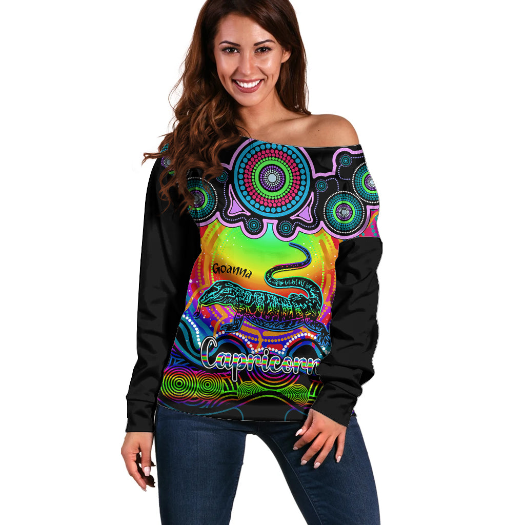 personalised-australia-capricorn-goanna-zodiac-off-shoulder-sweater-auz-astrology-aboriginal-rainbow
