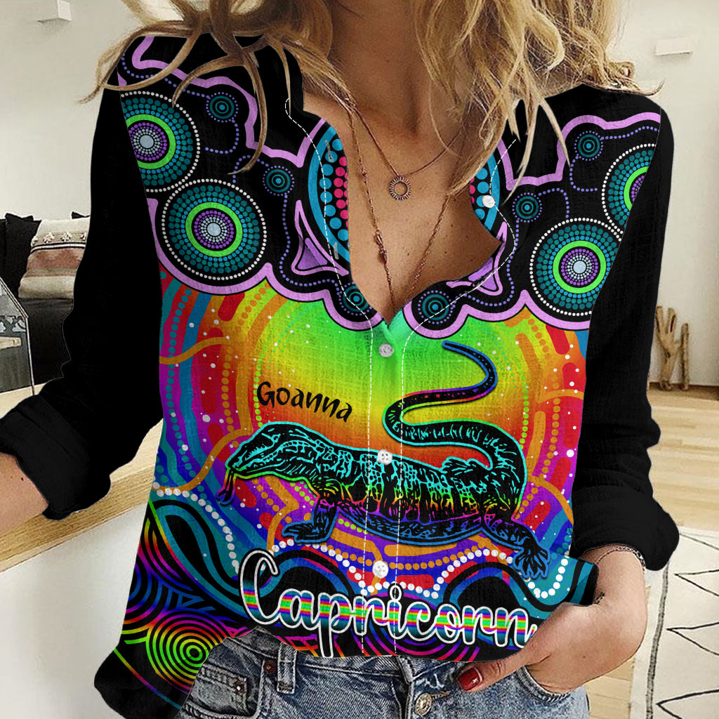 Personalised Australia Capricorn Goanna Zodiac Women Casual Shirt Auz Astrology Aboriginal - Rainbow LT9
