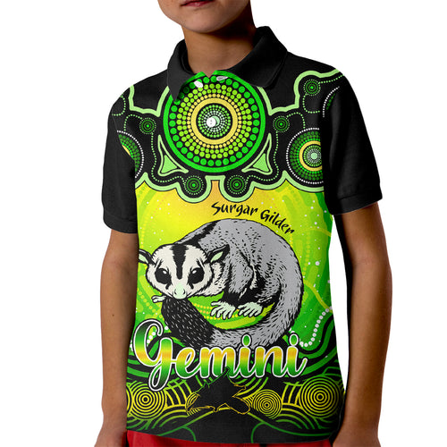 personalised-australia-gemini-sugar-gilder-zodiac-kid-polo-shirt-auz-astrology-aboriginal-green