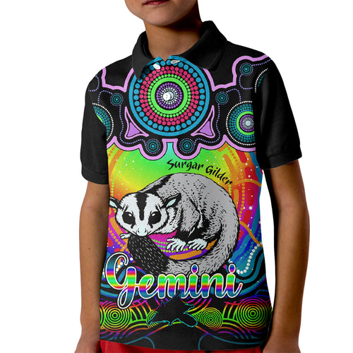 personalised-australia-gemini-sugar-gilder-zodiac-kid-polo-shirt-auz-astrology-aboriginal-rainbow