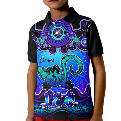 personalised-australia-leo-lizard-zodiac-kid-polo-shirt-auz-astrology-aboriginal-blue
