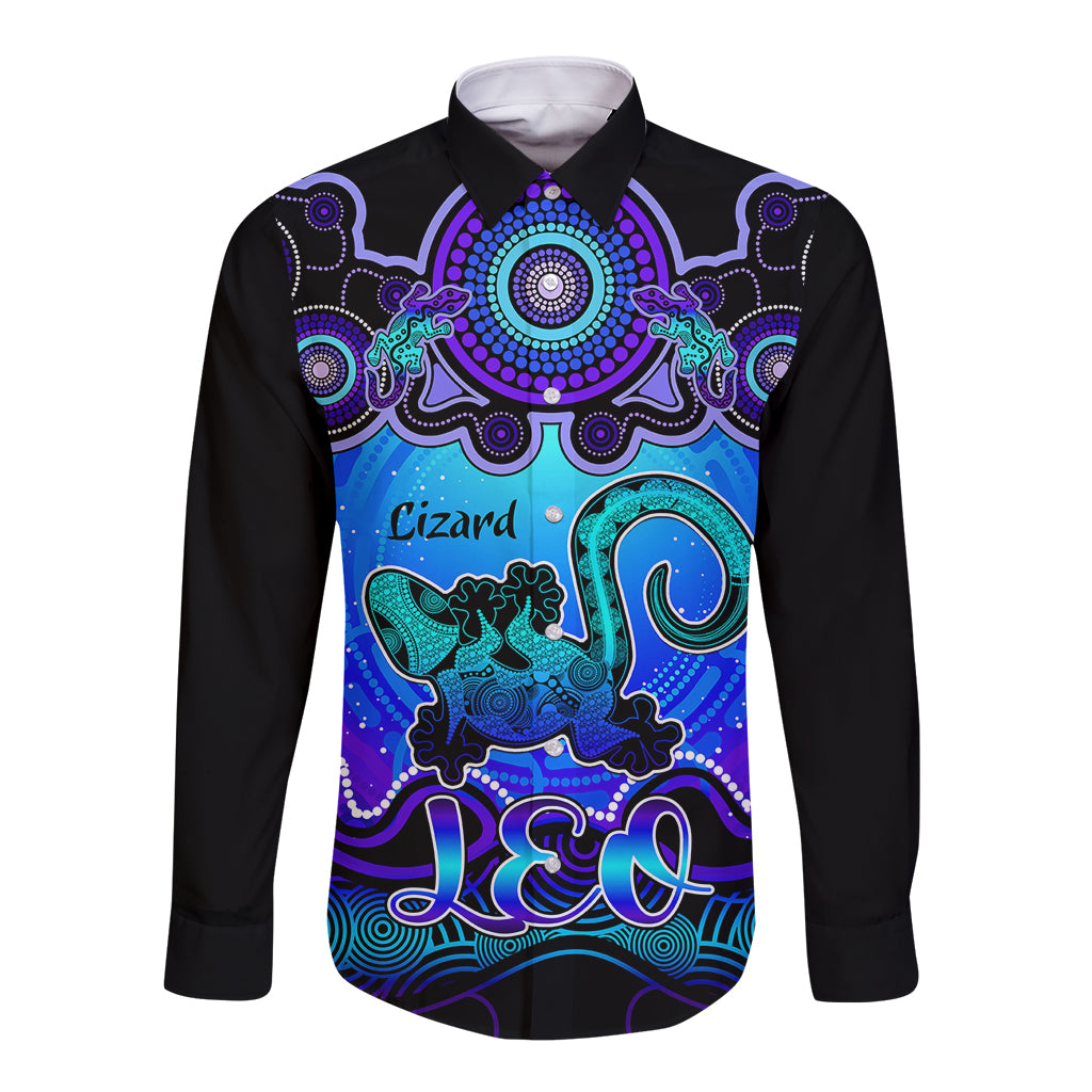 personalised-australia-leo-lizard-zodiac-long-sleeve-button-shirt-auz-astrology-aboriginal-blue