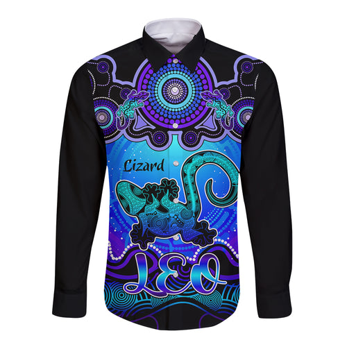 personalised-australia-leo-lizard-zodiac-long-sleeve-button-shirt-auz-astrology-aboriginal-blue