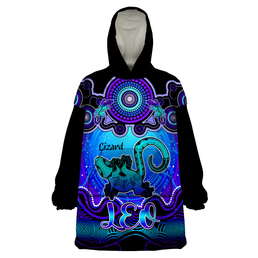 personalised-australia-leo-lizard-zodiac-wearable-blanket-hoodie-auz-astrology-aboriginal-blue
