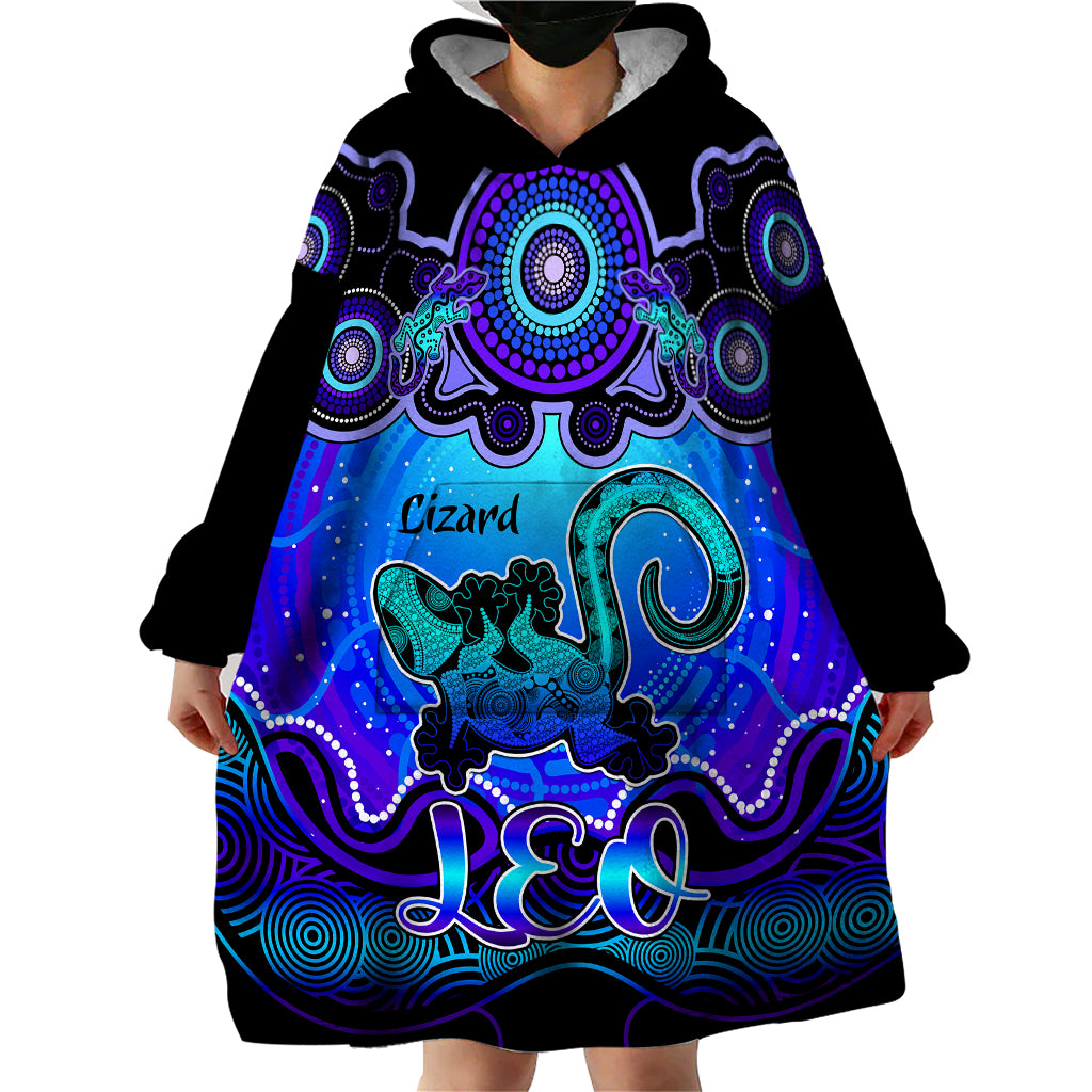 personalised-australia-leo-lizard-zodiac-wearable-blanket-hoodie-auz-astrology-aboriginal-blue