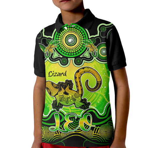 personalised-australia-leo-lizard-zodiac-kid-polo-shirt-auz-astrology-aboriginal-green