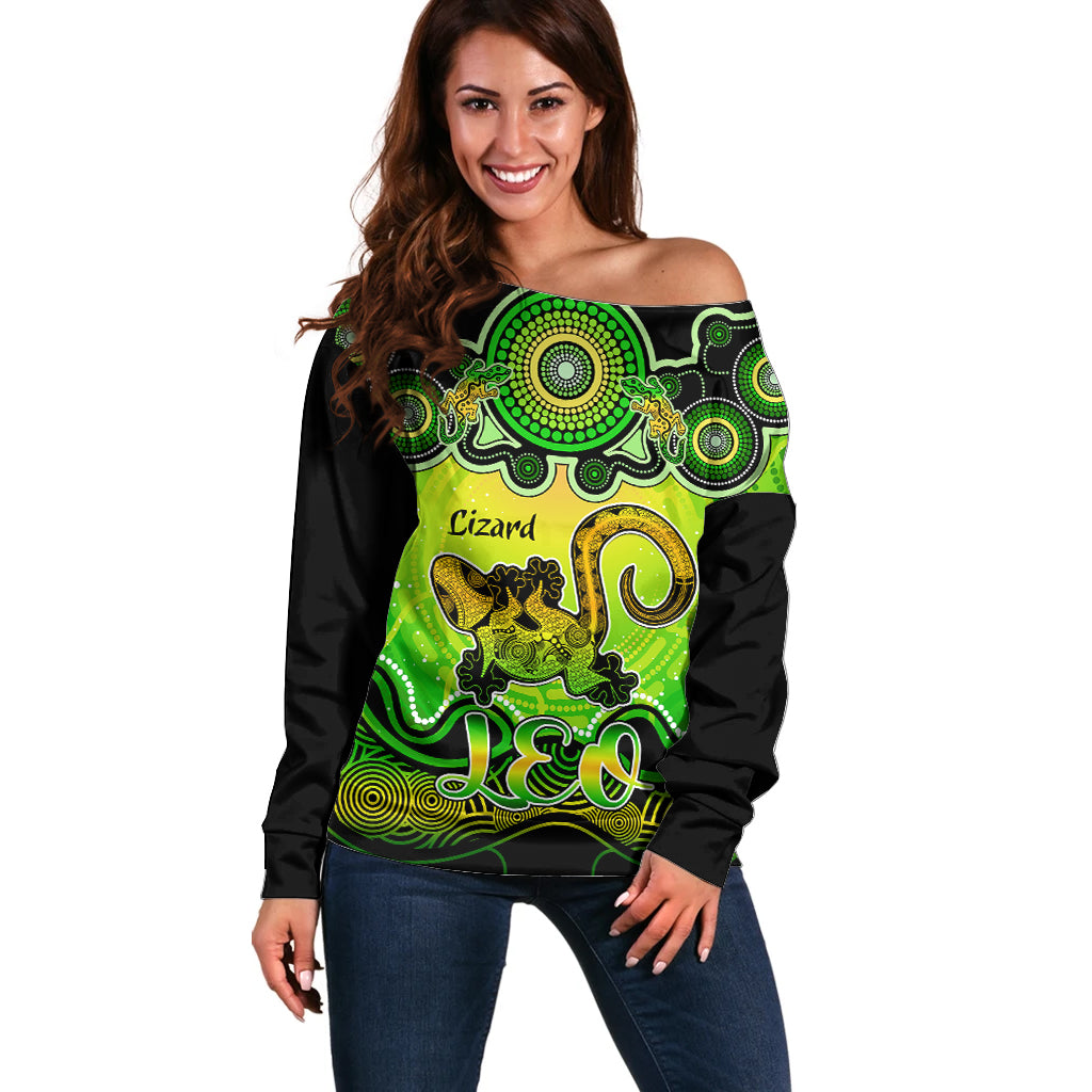 personalised-australia-leo-lizard-zodiac-off-shoulder-sweater-auz-astrology-aboriginal-green