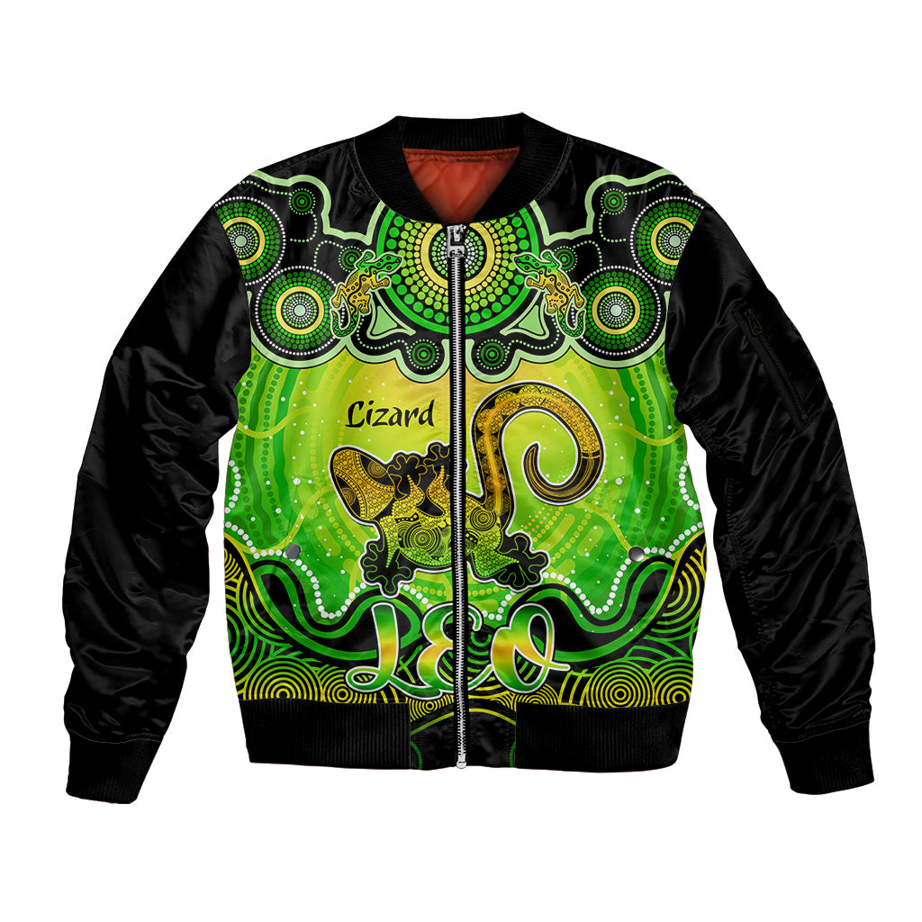 personalised-australia-leo-lizard-zodiac-sleeve-zip-bomber-jacket-auz-astrology-aboriginal-green