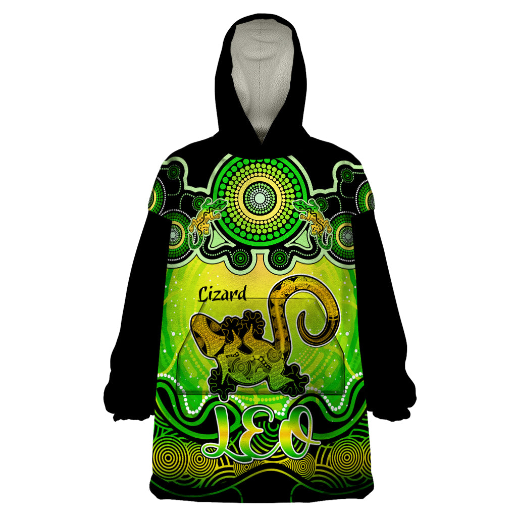 personalised-australia-leo-lizard-zodiac-wearable-blanket-hoodie-auz-astrology-aboriginal-green