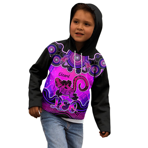 personalised-australia-leo-lizard-zodiac-kid-hoodie-auz-astrology-aboriginal-magenta