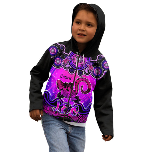 personalised-australia-leo-lizard-zodiac-kid-hoodie-auz-astrology-aboriginal-magenta