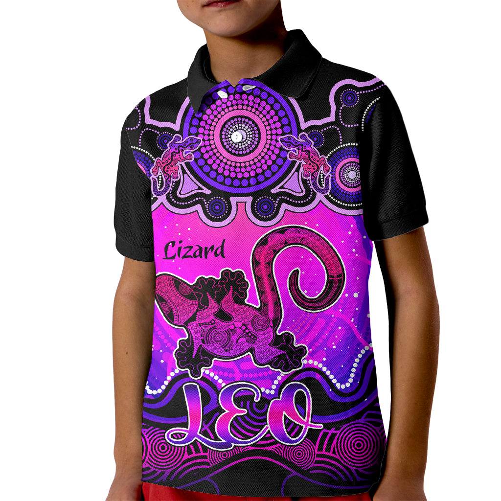 personalised-australia-leo-lizard-zodiac-kid-polo-shirt-auz-astrology-aboriginal-magenta