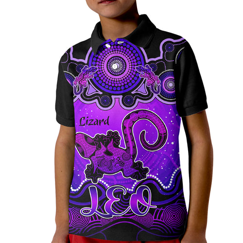 personalised-australia-leo-lizard-zodiac-kid-polo-shirt-auz-astrology-aboriginal-purple