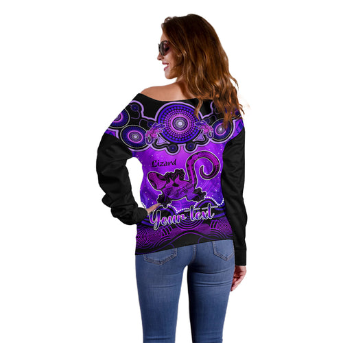 personalised-australia-leo-lizard-zodiac-off-shoulder-sweater-auz-astrology-aboriginal-purple