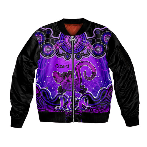 personalised-australia-leo-lizard-zodiac-sleeve-zip-bomber-jacket-auz-astrology-aboriginal-purple