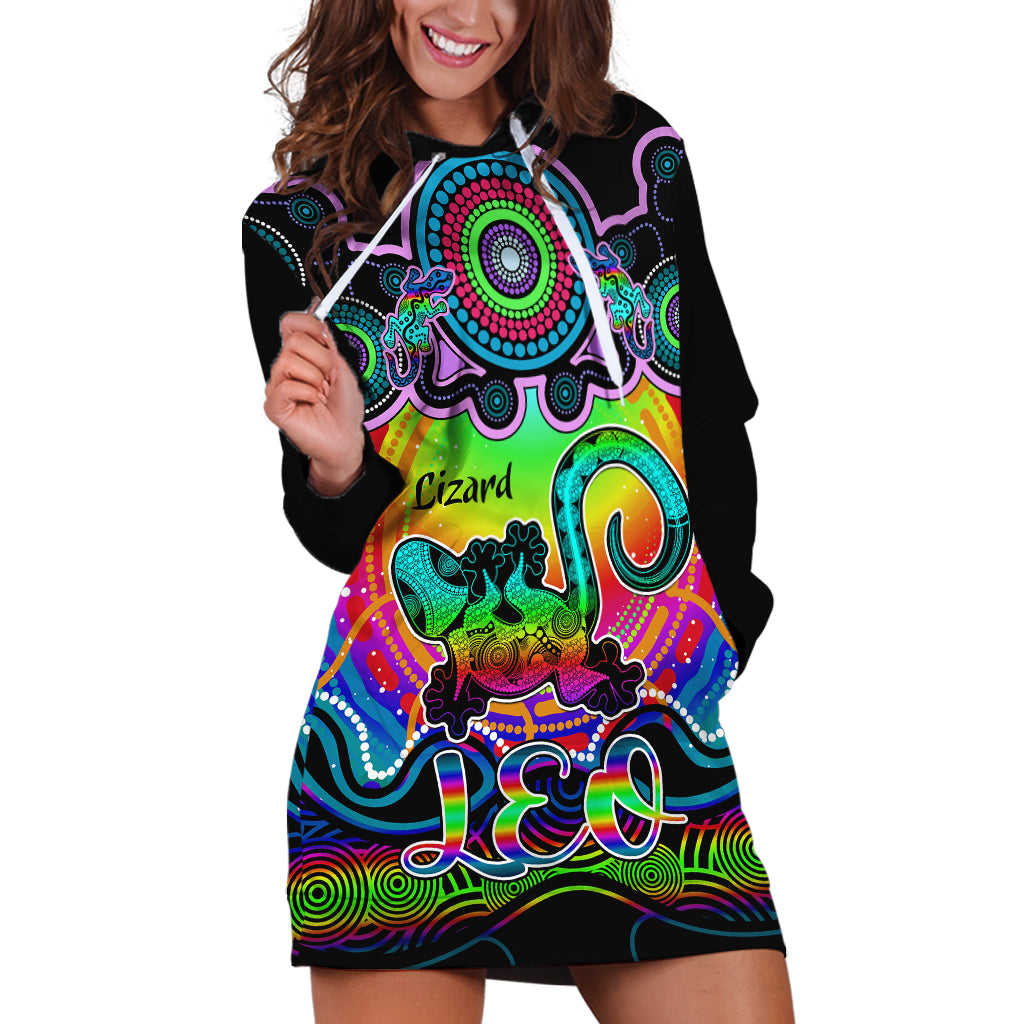 personalised-australia-leo-lizard-zodiac-hoodie-dress-auz-astrology-aboriginal-rainbow