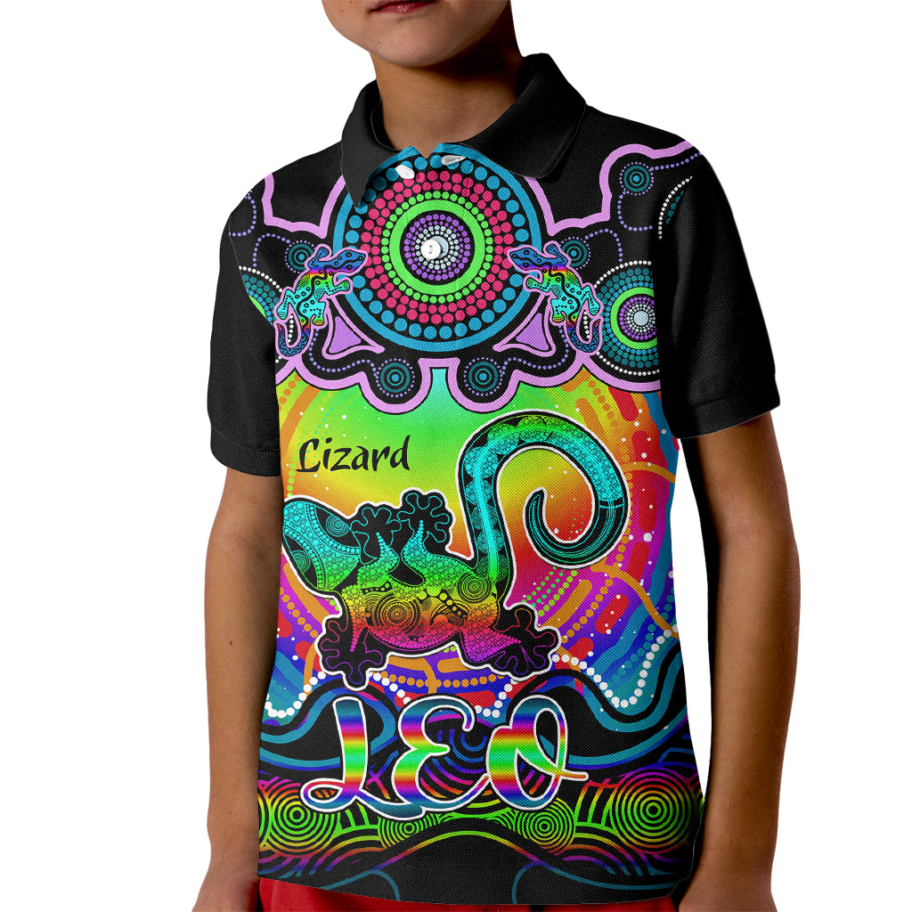 personalised-australia-leo-lizard-zodiac-kid-polo-shirt-auz-astrology-aboriginal-rainbow