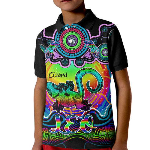 personalised-australia-leo-lizard-zodiac-kid-polo-shirt-auz-astrology-aboriginal-rainbow