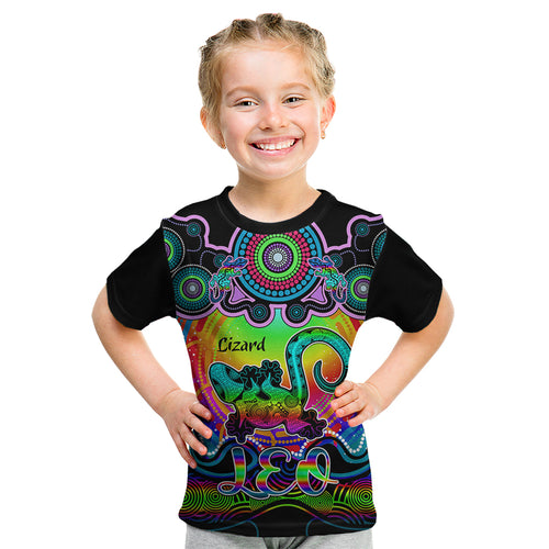 personalised-australia-leo-lizard-zodiac-kid-t-shirt-auz-astrology-aboriginal-rainbow