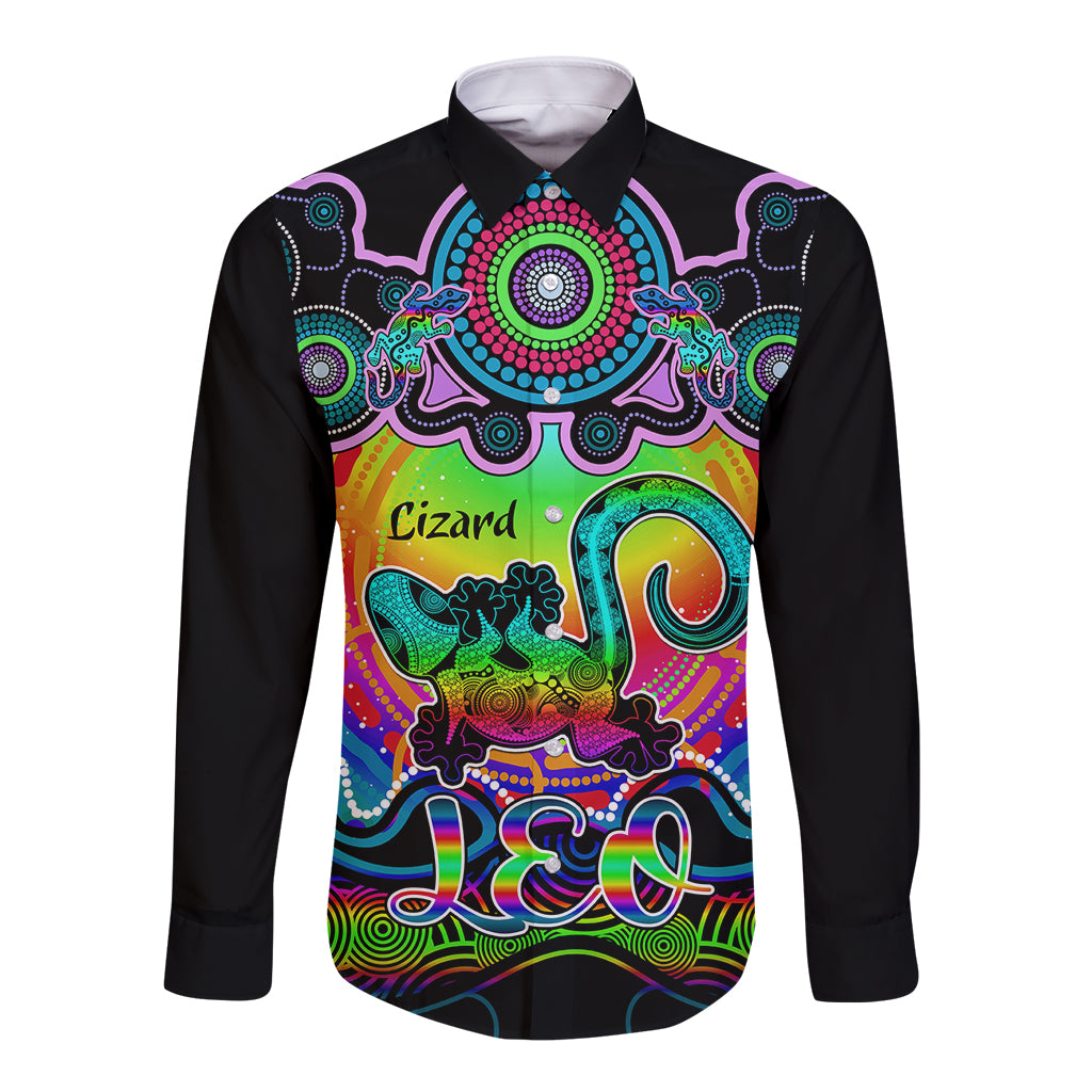 personalised-australia-leo-lizard-zodiac-long-sleeve-button-shirt-auz-astrology-aboriginal-rainbow