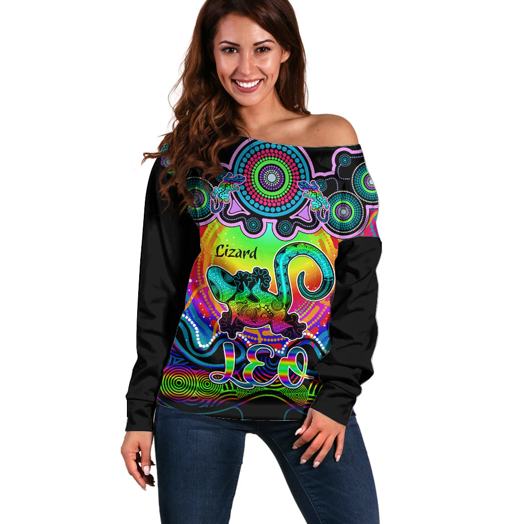 personalised-australia-leo-lizard-zodiac-off-shoulder-sweater-auz-astrology-aboriginal-rainbow