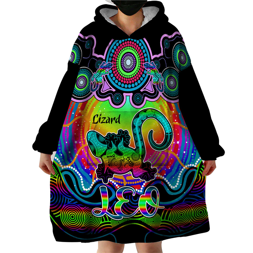 personalised-australia-leo-lizard-zodiac-wearable-blanket-hoodie-auz-astrology-aboriginal-rainbow