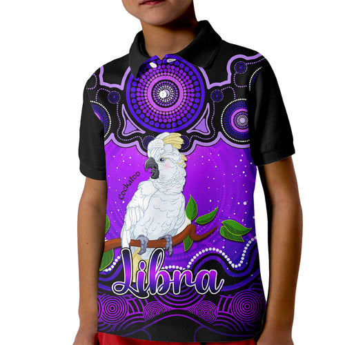 personalised-australia-libra-cockatoo-zodiac-kid-polo-shirt-auz-astrology-aboriginal-purple