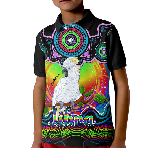 personalised-australia-libra-cockatoo-zodiac-kid-polo-shirt-auz-astrology-aboriginal-rainbow
