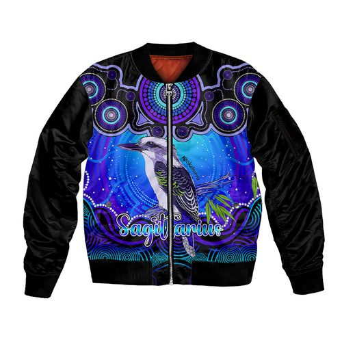 personalised-australia-sagittarius-kookaburra-zodiac-sleeve-zip-bomber-jacket-auz-astrology-aboriginal-blue