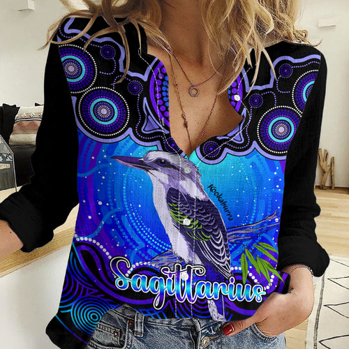 Personalised Australia Sagittarius Kookaburra Zodiac Women Casual Shirt Auz Astrology Aboriginal - Blue LT9