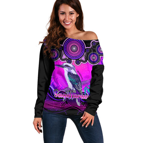 personalised-australia-sagittarius-kookaburra-zodiac-off-shoulder-sweater-auz-astrology-aboriginal-magenta