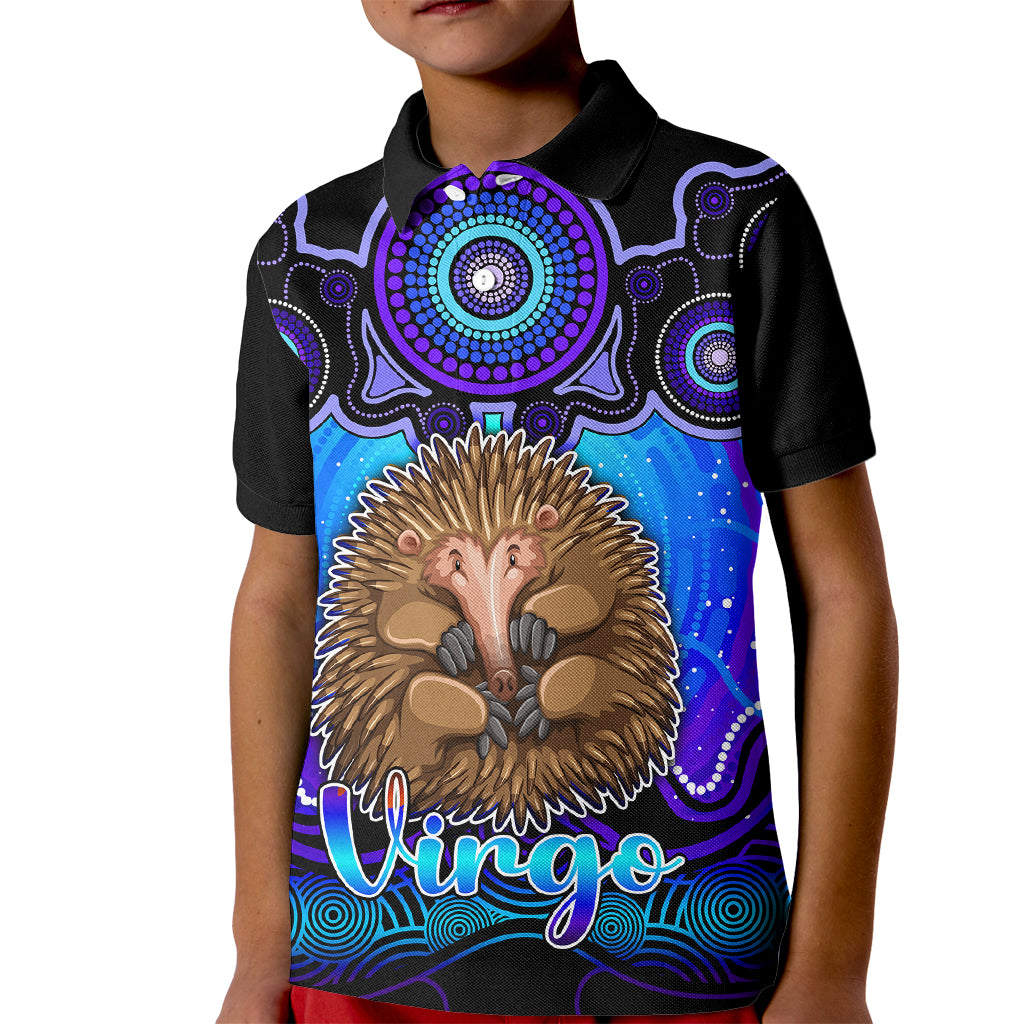 personalised-australia-virgo-echidna-zodiac-kid-polo-shirt-auz-astrology-aboriginal-blue
