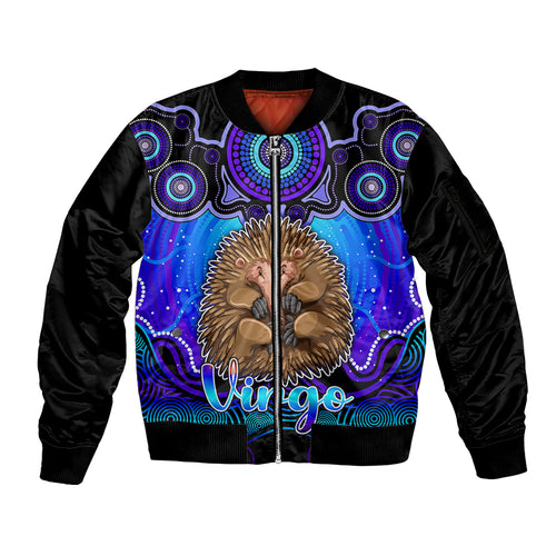 personalised-australia-virgo-echidna-zodiac-sleeve-zip-bomber-jacket-auz-astrology-aboriginal-blue