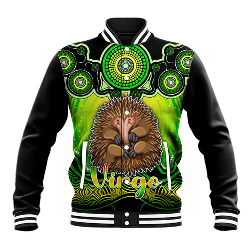 personalised-australia-virgo-echidna-zodiac-baseball-jacket-auz-astrology-aboriginal-green