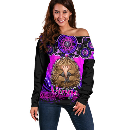 personalised-australia-virgo-echidna-zodiac-off-shoulder-sweater-auz-astrology-aboriginal-magenta
